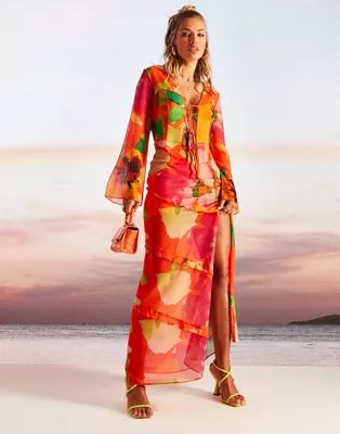 ASOS DESIGN ruffle maxi skirt in bold floral print | ASOS (Global)