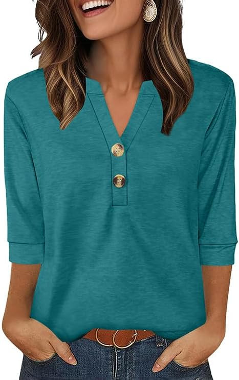 OFEEFAN Womens Tops 3/4 Sleeve Henley Shirts for Women Summer Outfits Fashion Clothing | Amazon (US)