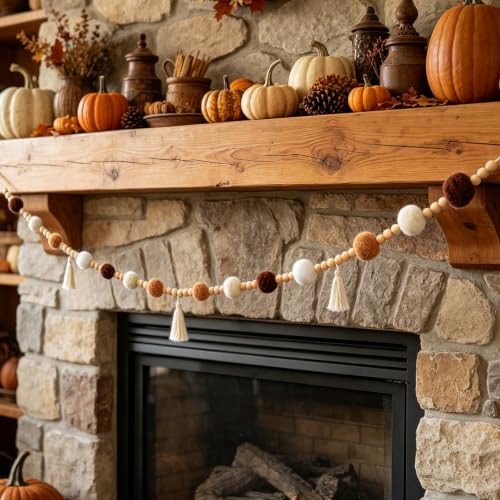 GreenD Fall Garland Boho Pom Pom Garland 9.84FT Felt Ball Tassel Beaded Garland with Wood Beads for Mantle Thanksgiving Rustic Farmhouse Decor Pre-Assembled Neutral Classroom Wall Hanging for Party | Amazon (US)