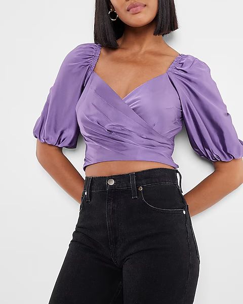 Satin Faux Wrap Tie Back Cropped Top | Express