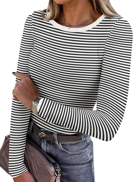ANRABESS Women Long Sleeve Shirts Rib Knit Slim Fit Tops Basic Tee 2025 Fall Outfits Casual T-Shi... | Amazon (US)