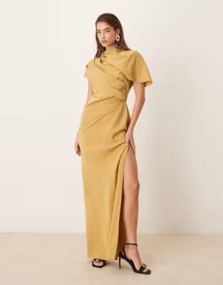 ASOS DESIGN high neck drape bodice cape maxi dress in ochre | ASOS (Global)