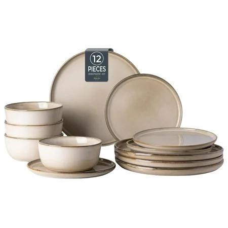 AmorArc Ceramic Dinnerware Sets for 4, 12 Pieces Stoneware Plates and Bowls Sets, Scratch Resistant Dishes, Dishwasher & Microwave Safe, Reactive Glaze-Cappuccino | Walmart (US)