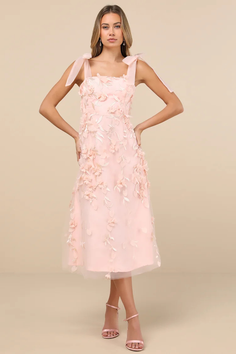 Effortlessly Sweet Blush Tulle 3D Floral Tie-Strap Midi Dress | Lulus