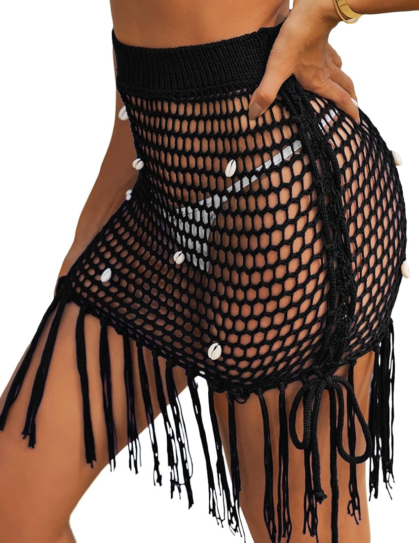AI'MAGE Women's Crochet Cover Up Skirt Tassel Knit Mini Hollow Out Beach Skirt Coverups with Shel... | Amazon (US)