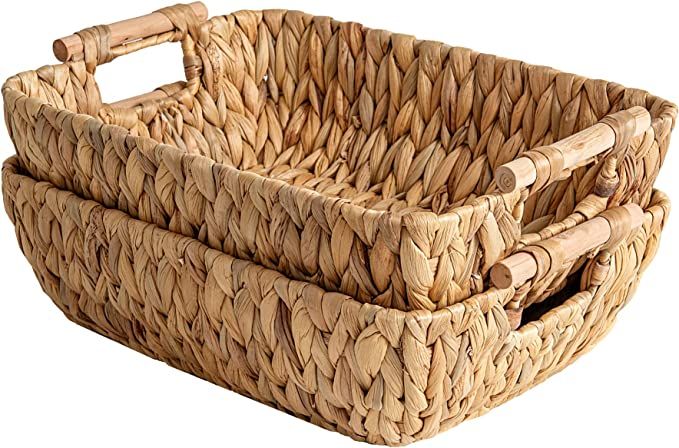 StorageWorks Hand-Woven Large Storage Baskets with Wooden Handles, Water Hyacinth Wicker Baskets ... | Amazon (US)