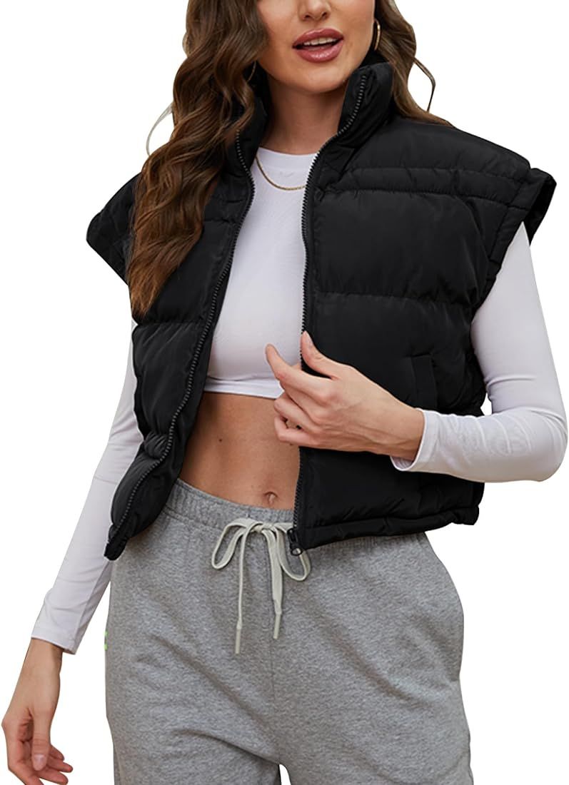 Arssm Women Cropped Puffer Vest Winter Warm Zip Up Sleeveless Padded Puffy Short Jacket Outerwear | Amazon (US)