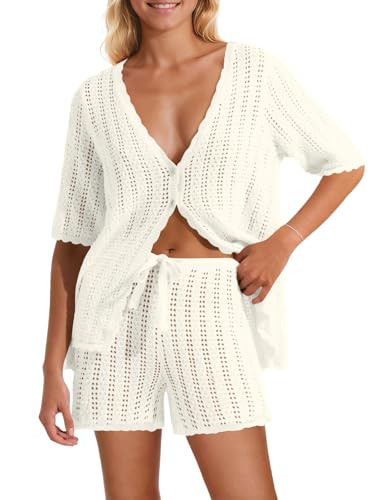Saodimallsu Womens Crochet Swimsuit Cover Up Short Sleeve V Neck Knit Cardigan Shorts Sets 2 Piece Beach Outfits White | Amazon (US)