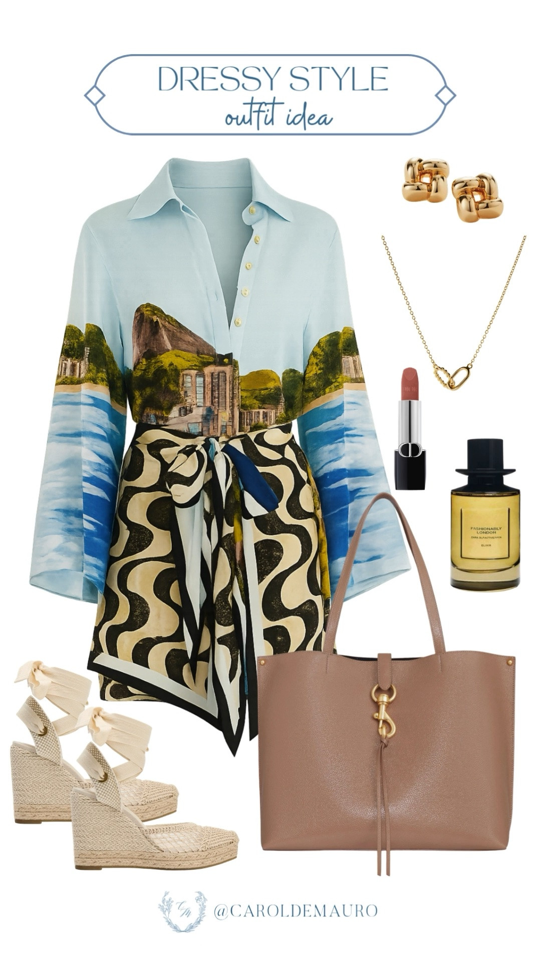 Upgrade your vacation sunset dinner look to this chic landscape-print dress! It's super effortless when paired with a neutral tote and gold necklace.

petite fashion, dressy outfit, brunch party, casual chic, spring dresses, vacation look, fashion inspo, jewelry finds

#LTKSeasonal #LTKU #LTKootd