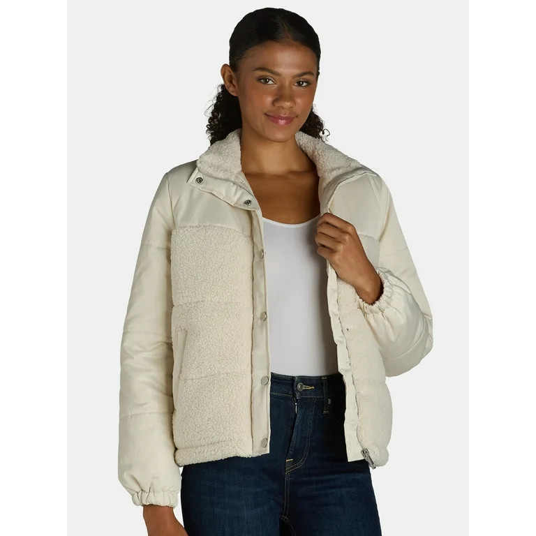 Time and Tru Women's and Women’s Plus Mixed Media Puffer Jacket, Sizes XS-3X | Walmart (US)