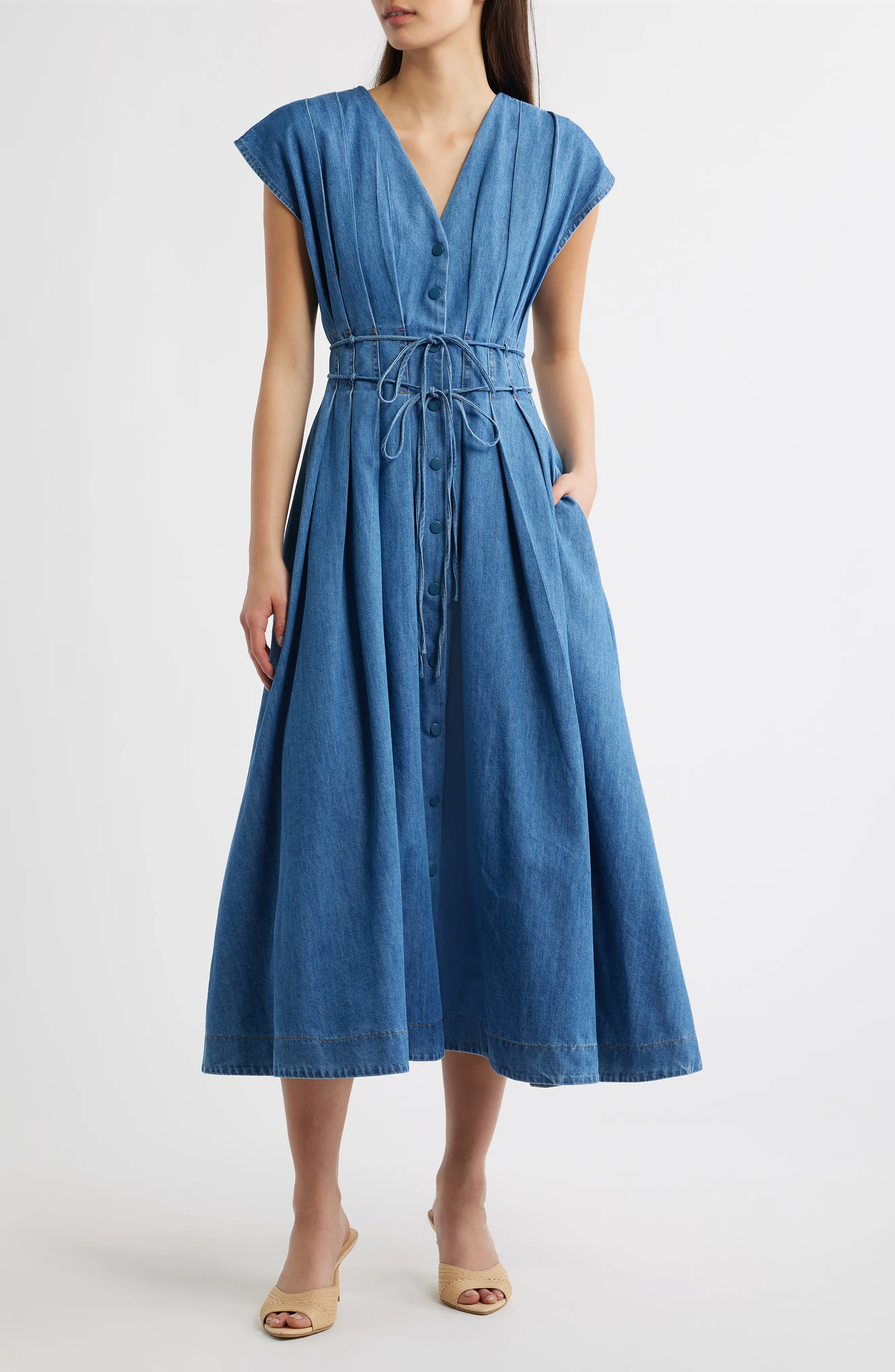 FREEMARKET Pleat Denim Midi Shirtdress (Women) | Nordstrom | Nordstrom