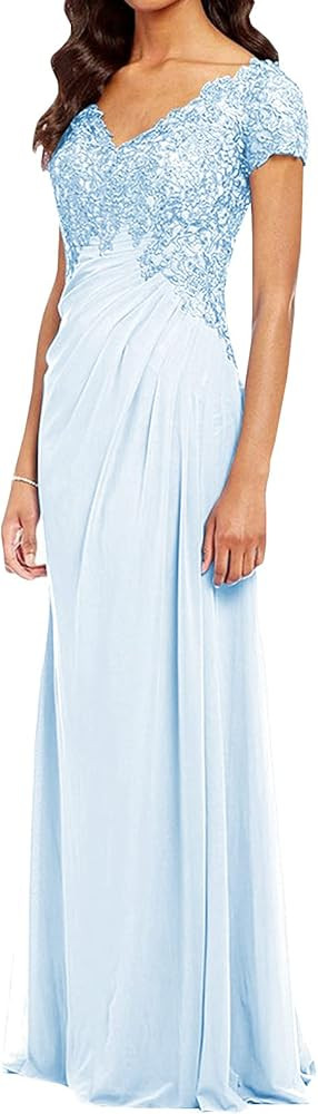 POMUYOO Women's V-Neck Lace Appliques Mother of The Bride Dress Beaded Chiffon Evening Gown with ... | Amazon (US)