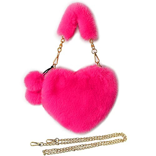 Rejolly Furry Purse for Girls Heart Shaped Fluffy Faux Fur Handbag for Women Soft Small Shoulder Bag with Chain Strap Hot Pink | Amazon (US)