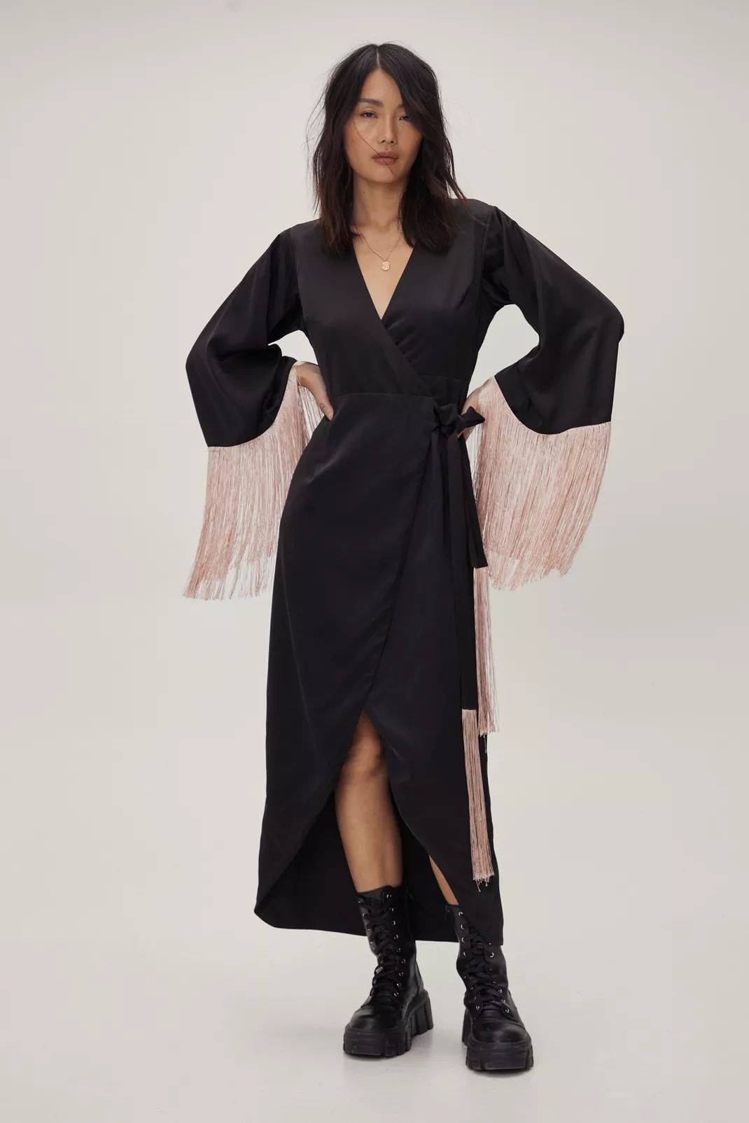 Fringe Sleeve Satin Wrap Midi Dress | Nasty Gal (US)