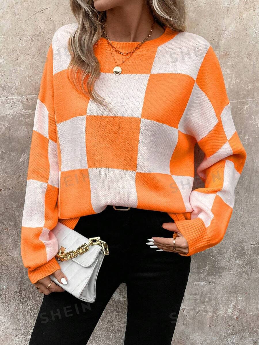 SHEIN LUNE Women's Orange Checkerboard Warm Sweater For Winter Halloween | SHEIN