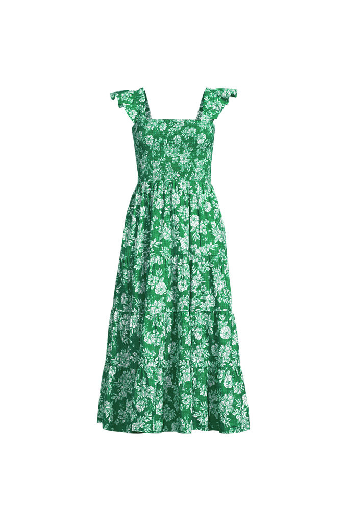 Women's Cotton Dobby Smocked Dress with Ruffle Straps - Lands' End - Green - S | Lands' End (US)