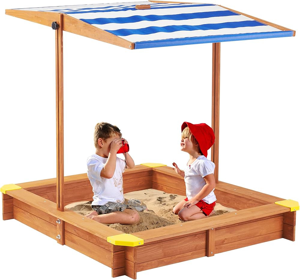 Kids Sandbox with Cover, 46'' Wooden Sand Box w/Adjustable Canopy, Outdoor Sandpit for Backyard P... | Amazon (US)