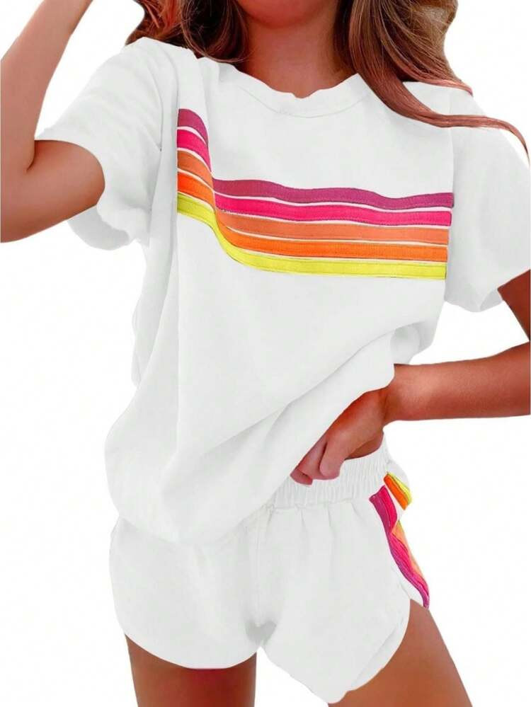 2 Piece Lounge Sets For Women Summer Rainbow Striped Tops Casual Shorts Color Blocked Suit Sweatshirts Set | SHEIN