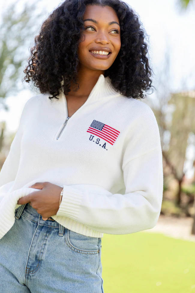 Fly High Cream American Flag Embroidered Quarter Zip Pullover SALE | Pink Lily