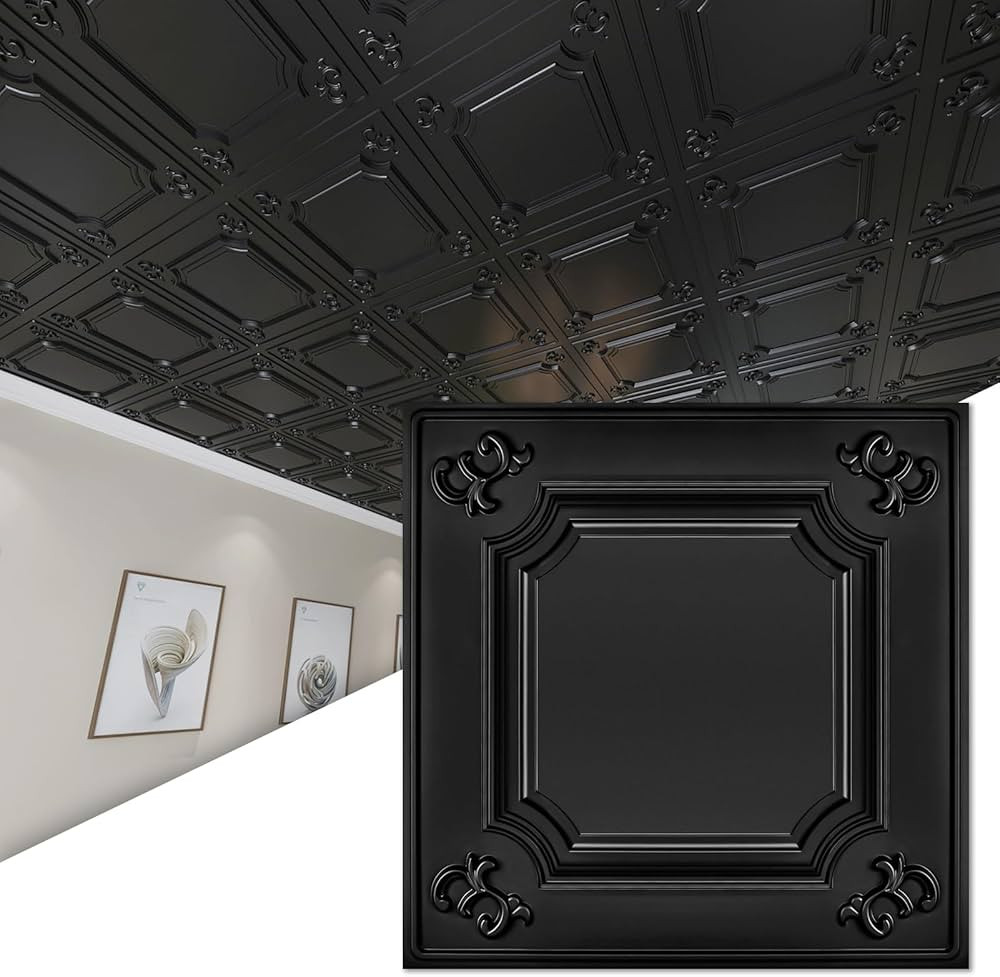 Art3d Drop Ceiling Tiles 24x24 in Black (12-Pack, 48 Sq.ft), Wainscoting Panels Glue Up 2x2 | Amazon (US)