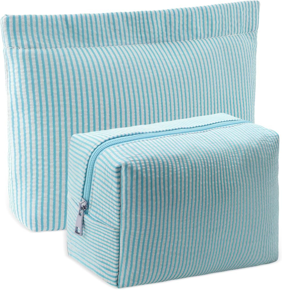 2Pcs Makeup Bag Set for Women Large Small Striped Makeup Bags Cute Travel Toiletry Bags with Zipp... | Amazon (US)