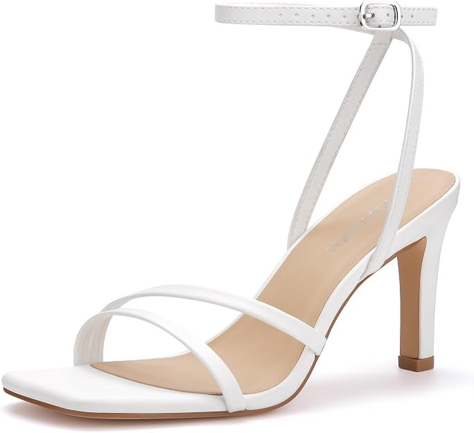 Womens Strappy High Heels Square Open Toe Ankle Strap Sandals 3.55 Inch Stiletto Heeled Dress Sho... | Amazon (US)
