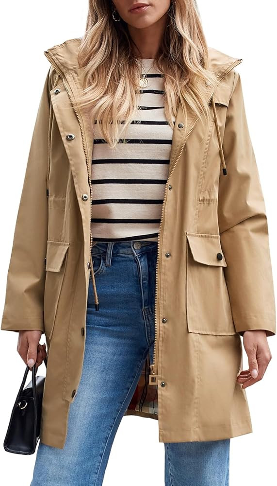 SaphiRose Women's Waterproof Rain Jacket Lightweight Raincoat Hooded Windbreaker Trench Coat | Amazon (US)