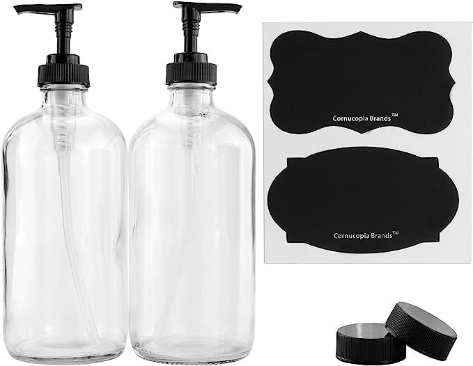 Cornucopia 16-Ounce Clear Glass Pump Bottles (2-Pack); Refillable Liquid Soap Dispenser Black Lot... | Amazon (US)