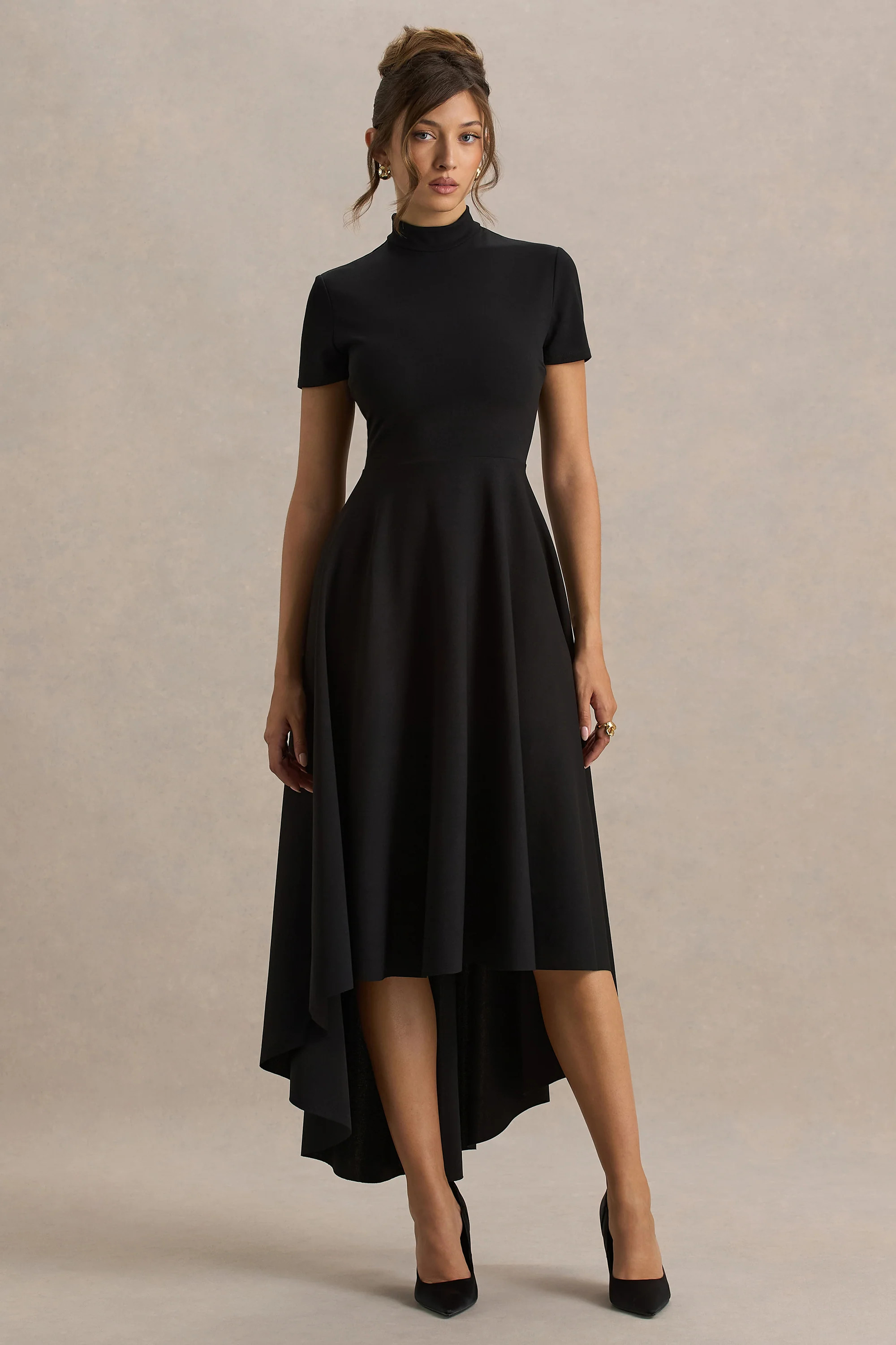 Bellona | Black High-Neck High-Low Midi Dress | Club L London
