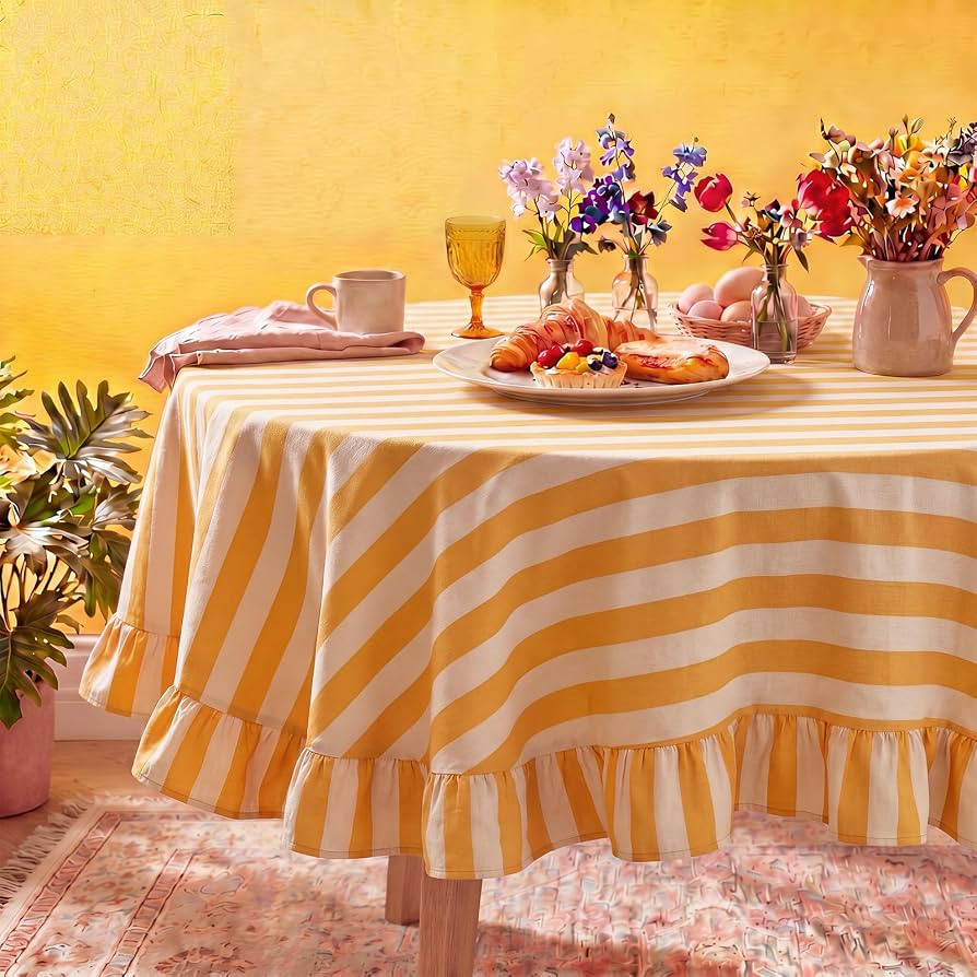 Tudomro 1 Pcs Ruffle Edge Striped Tablecloth, 60'' Scalloped Table Cover, Farmhouse Linen Fabric ... | Amazon (US)