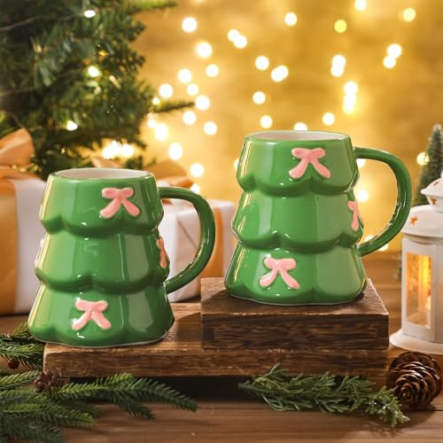 2 Pcs Christmas Tree Mug with Pink Bows 18oz Green Holiday Ceramic Coffee Mug, Cute Tree Shape Cu... | Amazon (US)