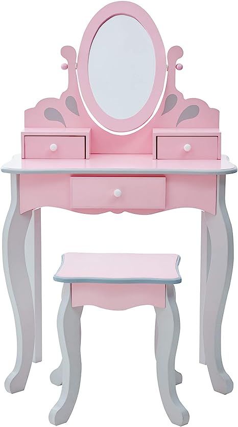Teamson Kids Little Princess Rapunzel Wooden Vanity Set with Mirror and Chair, Pink/Gray | Amazon (US)
