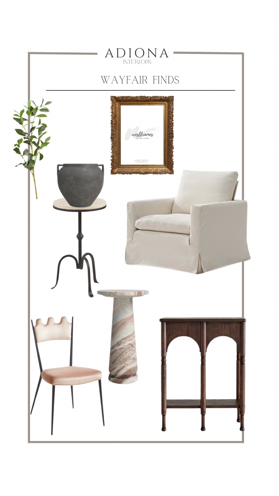 Wayfair finds 

Vintage frame, ornate frame, French frame, accent table, martini table, vase, faux stem, faux greenery, vintage chair, swivel chair, accent chair, console table 

#LTKHome #LTKSaleAlert #LTKSummerSales