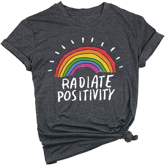 Women Radiate Positivity Rainbow T-Shirt Funny Letter Printe Rainbow Graphic Tee Summer Short Sle... | Amazon (US)