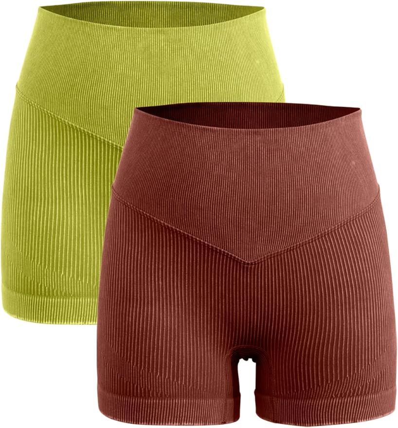 QINSEN Womens 2 Pack High Waist Biker Shorts Seamless Ribbed Tummy Control Yoga Shorts | Amazon (US)