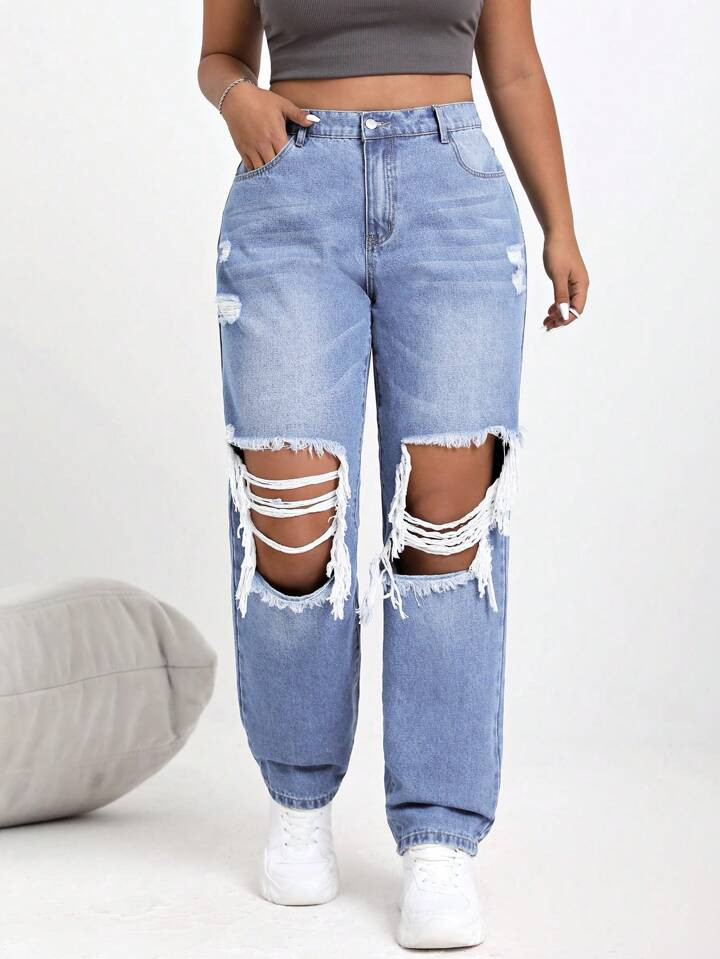 SHEIN EZwear Plus Size Women's Jeans With Pockets And Distressed Holes | SHEIN