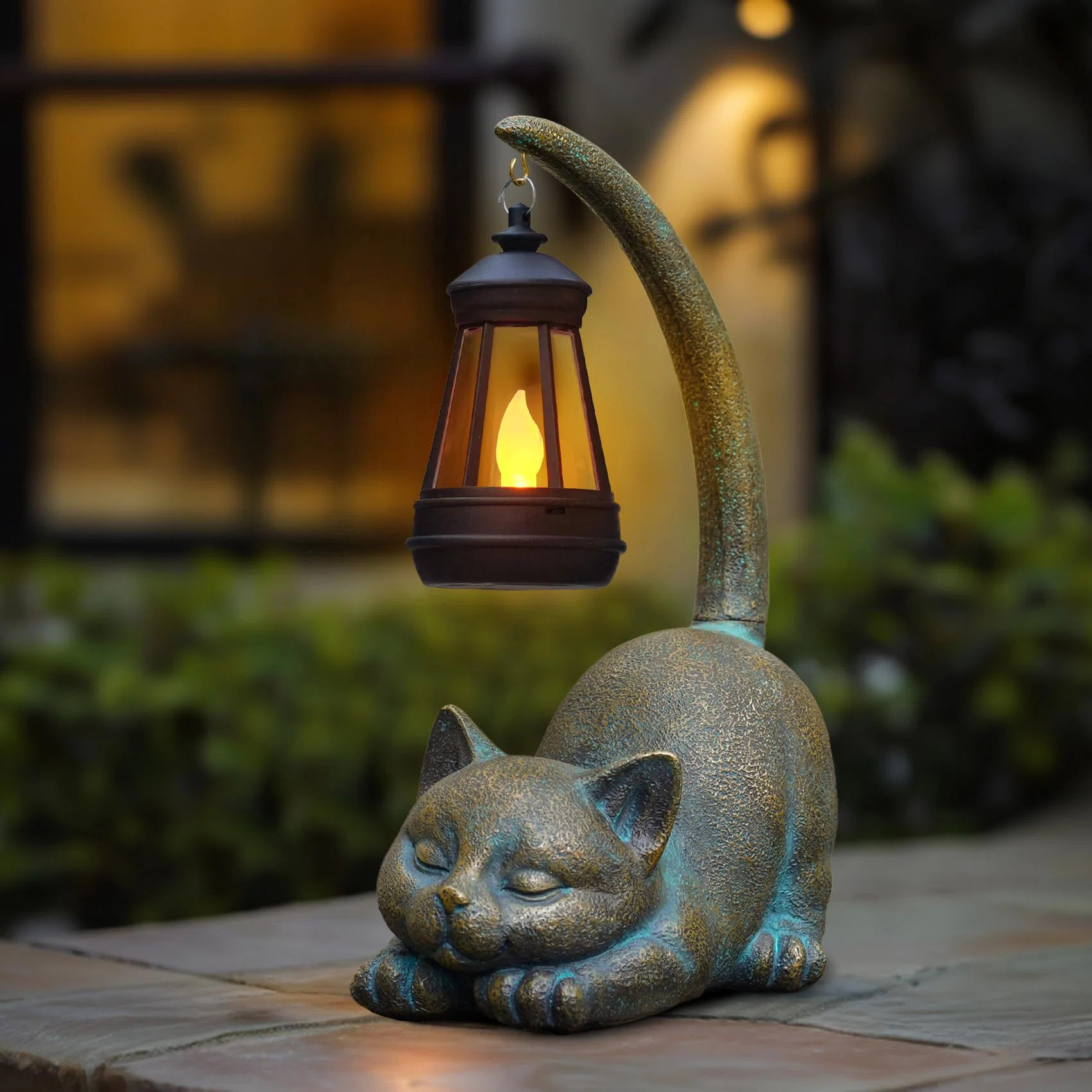 Solar Powered Cat Statue With Lantern - Outdoor Garden Decor Light, Cute Animal Shaped Night Ligh... | Wayfair North America