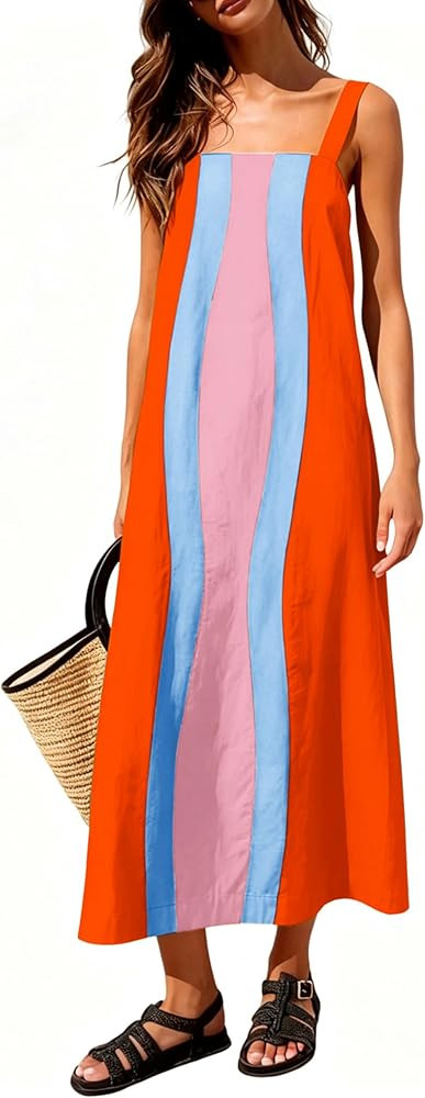 Ailoqing 2026 Women Boho Floral Dress Summer Casual Color Block Maxi Beach Vocation Overall Dress... | Amazon (US)