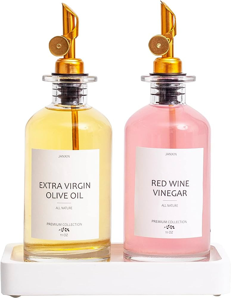 Janxin Oil Dispenser Set,Olive Oil Dispenser Bottle for Kitchen w. Wood Tray, Labels and Weighted... | Amazon (US)