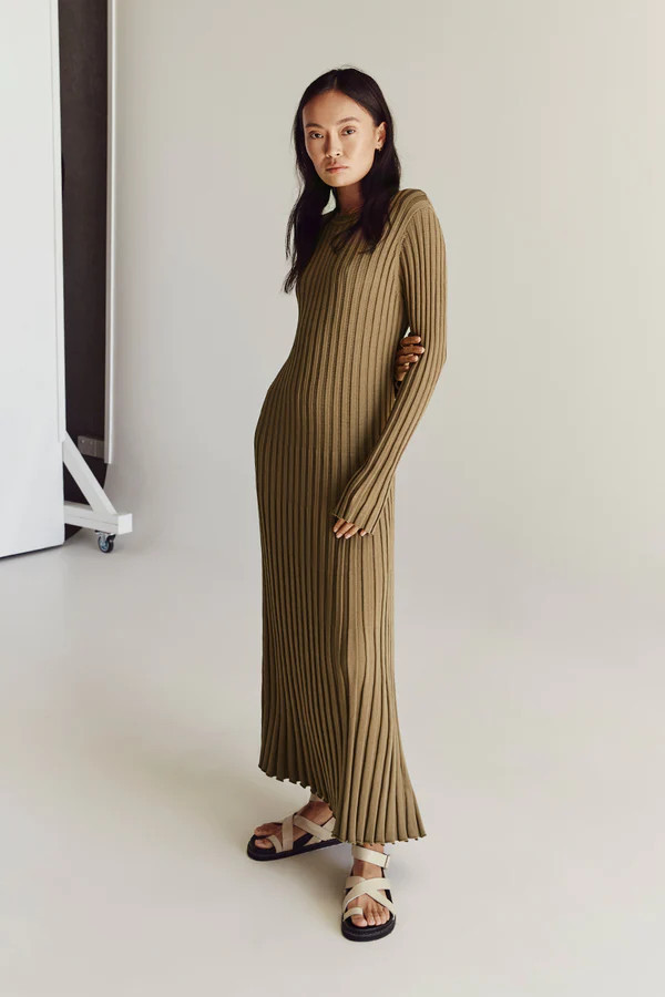 ADA KHAKI LONG SLEEVE MIDI DRESS | DISSH