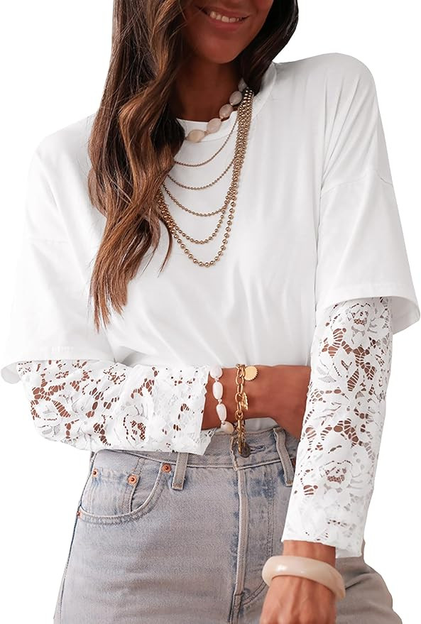 LOLONG T Shirts for Women Fall 2025 Long Sleeve Lace Patchwork Crew Neck Tops Casual Tees | Amazon (US)