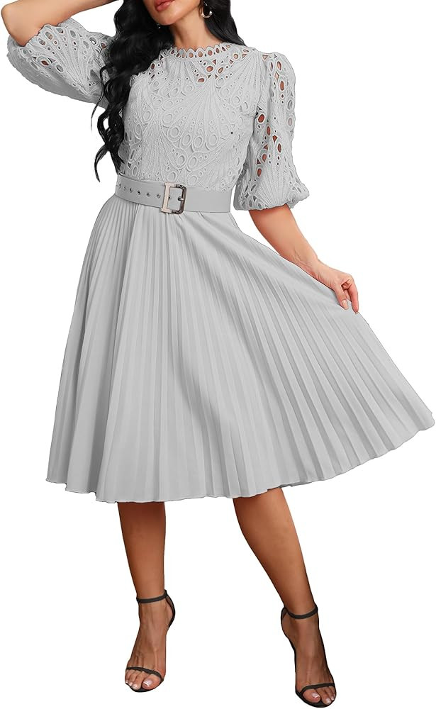 IWFEV Lace Pleated Dress Puff Sleeve Mid-Calf Short Sleeve Midi Dress Hollow Party Evening Dress | Amazon (US)
