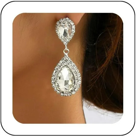 Silver Rhinestone Teardrop Earrings Crystal Wedding Bridal Dangle Earrings Prom Party Drop Earrings for Women and Brides | Walmart (US)