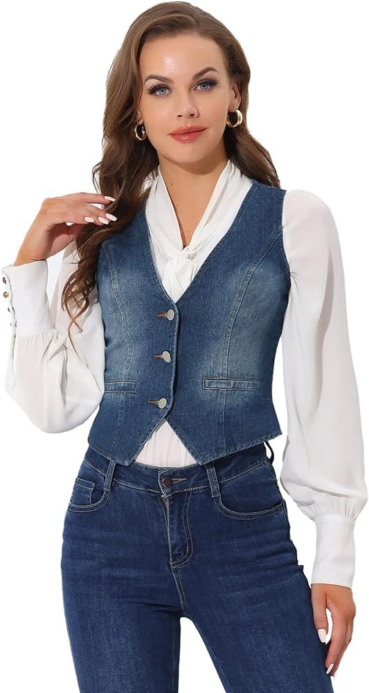 Allegra K Women's Denim Jakcet Sleeveless V Neck Button Down Casual Jean Waistcoat Vest | Amazon (US)
