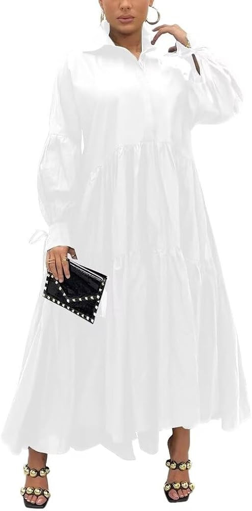 Women's Long Sleeve Maxi Shirt Dress Elegant Button Down Loose Swing Party Dress | Amazon (US)