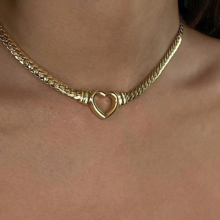 1pc Minimalist Waterproof  14K Gold Plated Stainless Steel Snake Chain Necklace Hollow Heart Desi... | SHEIN