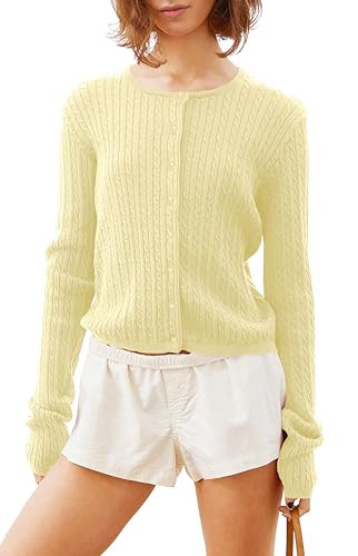 Women Y2k Cute Crewneck Cable Knit Lightweight Cropped Cardigan Tops Fall Open Front Button Pullo... | Amazon (US)