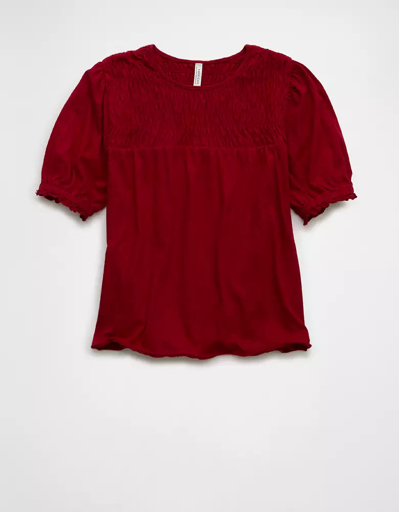 AE Sunchaser High Neck Puff Sleeve Smocked T-Shirt Plus Size Fall Fashion Staple | American Eagle Outfitters (US & CA)