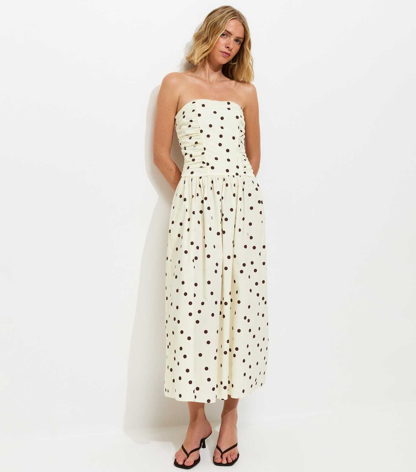White Polka Dot Ruched Bandeau Midi Dress | New Look | New Look (UK)