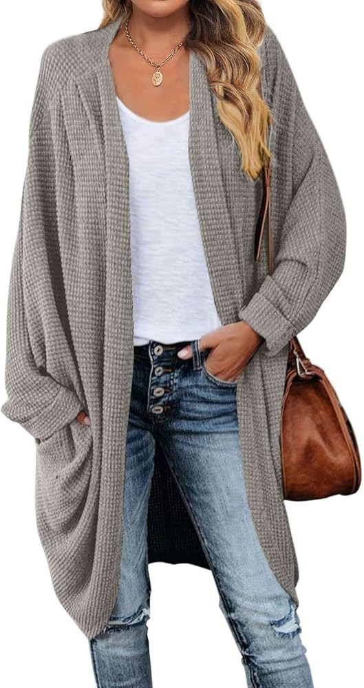 MEROKEETY Women's 2024 Fall Waffle Knit Batwing Long Sleeve Cardigan Loose Open Front Sweater Coa... | Amazon (US)
